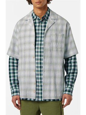 Relaxed Fit Crinkle Plaid Stretch Cotton Camp Shirt